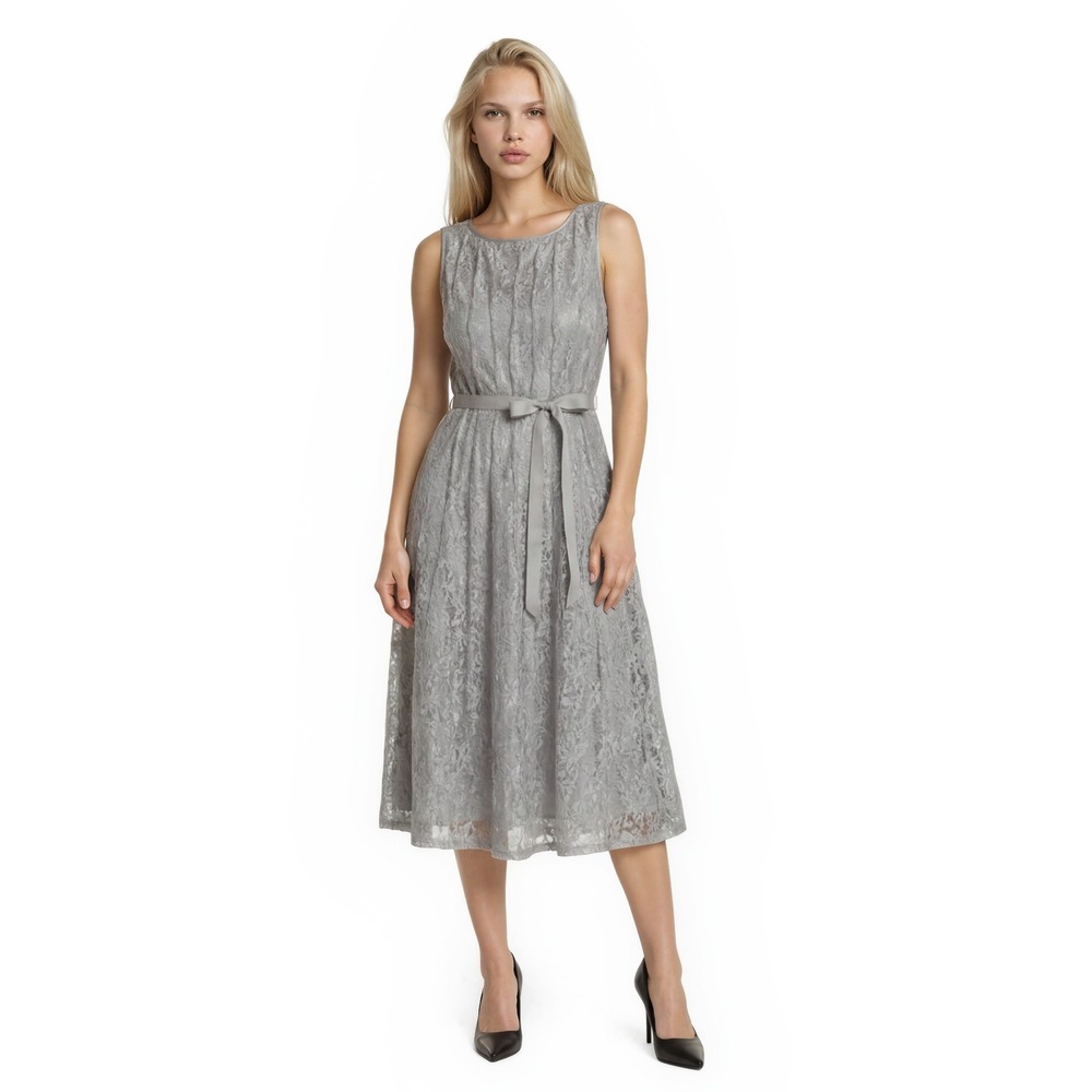 Alex Evenings Cocktail Dress Women's Size 14P Silver Metallic Lace Wedding